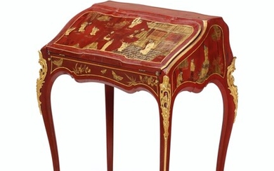 A LOUIS XV ORMOLU-MOUNTED SCARLET AND GILT CHINESE LACQUER AND VERNIS-DECORATED BUREAU DE DAME, BY JACQUES DUBOIS, MID-18TH CENTURY AND RE-MOUNTED