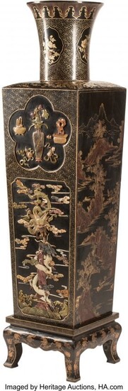 A Large Chinese Lacquer and Hardstone Square Vas