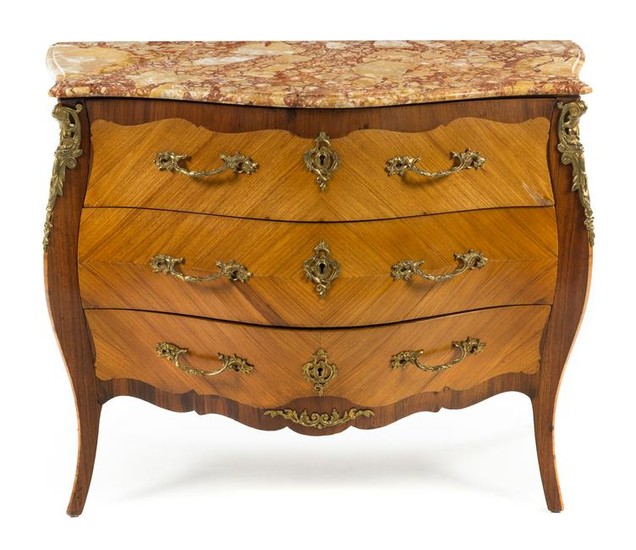 A Louis XV Style Bookmatch Veneered Commode Height 35 x