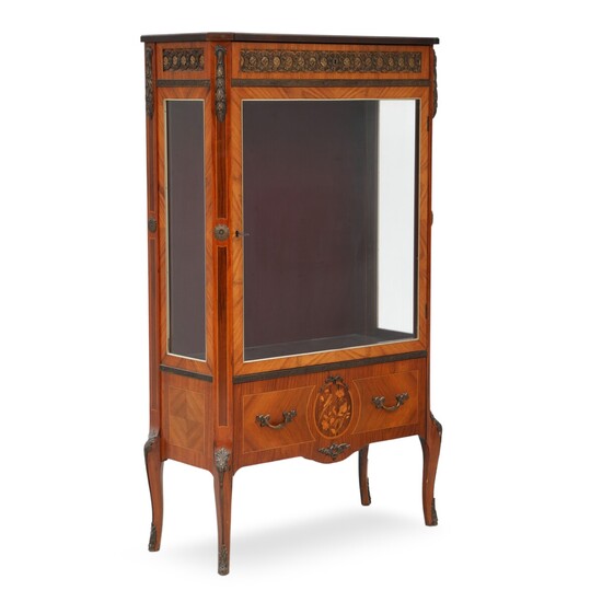 NOT SOLD. A Louis XV style rosewood display cabinet with inlays and bronze ornaments. Mid...