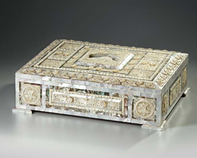 A MOTHER-OF-PEARL INLAID WOODEN BOX, JARUSSELAM WORK