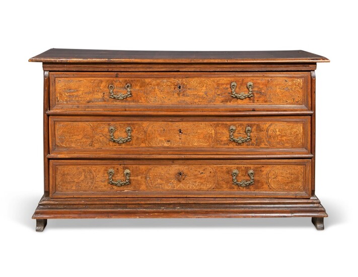 A NORTH ITALIAN WALNUT, FRUITWOOD AND MARQUETRY COMMODE, INCORPORATING SOME 17TH CENTURY ELEMENTS
