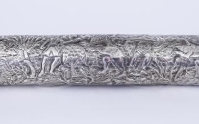 A Near Eastern Silvery Metal Cylindrical Scroll Holder, stamped...