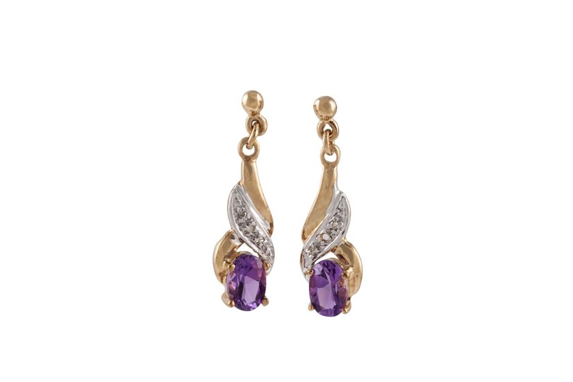 A PAIR OF AMETHYST AND DIAMOND DROP EARRINGS, mounted in yel...
