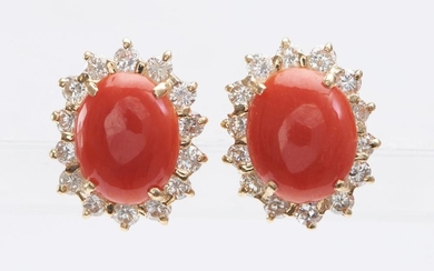 A PAIR OF CORAL AND DIAMOND EARRINGS