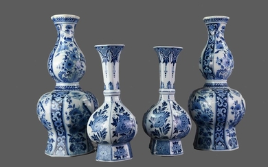 A PAIR OF EARLY 20TH CENTURY DELFT BLUE AND WHITE VASES, ALONG WITH ANOTHER PAIR