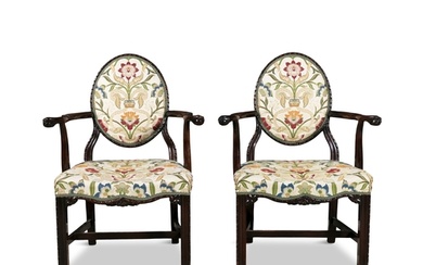 A PAIR OF ENGLISH MAHOGANY OPEN ARMCHAIRS OF GEORGE III STYL...