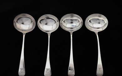 A PAIR OF GEORGE III SILVER OLD ENGLISH PATTERN SAUCE LADLES.