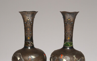 A PAIR OF JAPANESE ENAMELLED BRONZE AND SILVER VASES