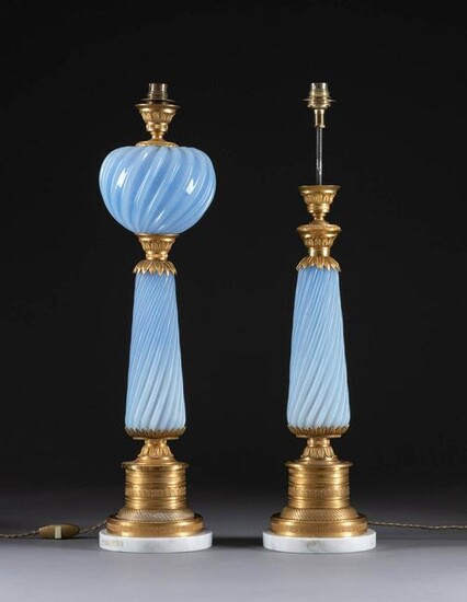 A PAIR OF ORMOLU MOUNTED OPAQUE GLASS LAMPS Probably