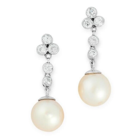 A PAIR OF PEARL AND DIAMOND DROP EARRINGS each set with