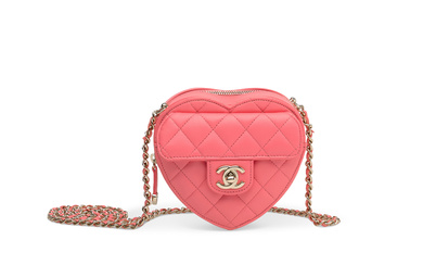 A PINK QUILTED LAMBSKIN LEATHER MINI CC IN LOVE HEART BAG WITH GOLD HARDWARE CHANEL, 2022
