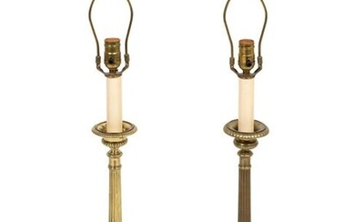 A Pair of Brass Altar Prickets Mounted as Lamps Height