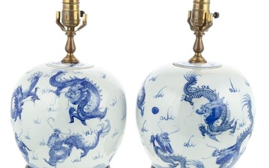 A Pair of Chinese Export Melon Jar Lamps