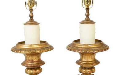 A Pair of Continental Giltwood and Gesso Turned Finials Mounted as Lamps