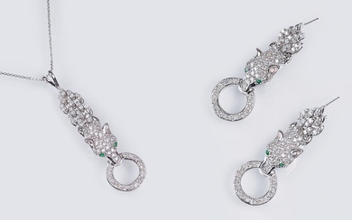 A Pair of Diamond Emerald Earrings 'Panther' with matching Pendant on Necklace.