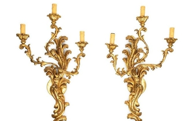 A Pair of Louis XV Style Giltwood Three-Light Sconces