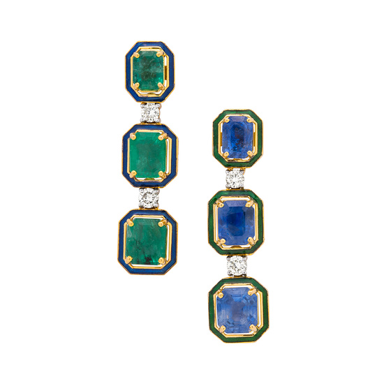 A Pair of Sapphire, Emerald, Diamond, Enamel and Gold Ear Pendants
