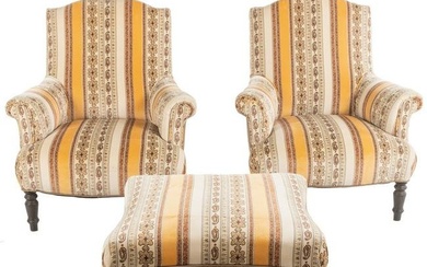 A Pair of Upholstered Chairs with an Ottoman
