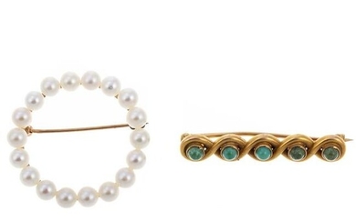 A Pearl Circle Brooch & Turquoise Bar Pin in 14K