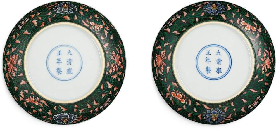 A RARE PAIR OF FAMILLE-NOIRE 'FLORAL' DISHES MARKS AND PERIOD OF YONGZHENG