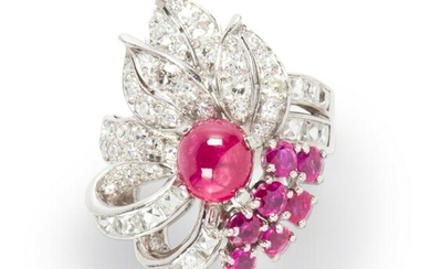 A Retro ruby, diamond, and platinum ring