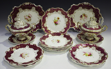 A Ridgway porcelain part dessert service, 1830s, with puce and gilt foliate borders, painted with fl