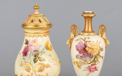 A Royal Worcester vase of oval form with stretched gilt neck and high loop handles, Heights: 6 1/4 in. (15.9 cm); 7 in. (17.8 cm.)