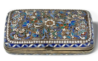 A Russian cloisonne enamel cigarette case, Moscow, c.1880, maker's mark Cyrillic KS, possibly Konstantin Skvortsov, 84 standard, of rounded rectangular form, the body richly decorated with floral and scroll motifs enamelled in white, blues, red and...