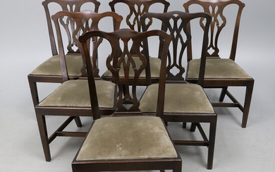 A SET OF FIVE REPRODUCTION GEORGE III STYLE MAHOGANY DINING CHAIRS, AND A VERY SIMILAR CHAIR, LATE 19TH CENTURY.