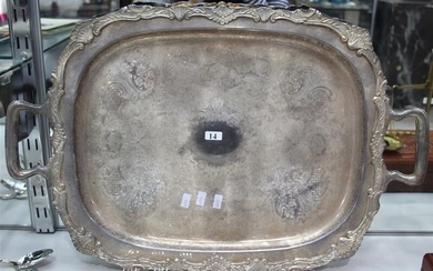 A SILVER PLATED DOUBLE HANDLE SERVING TRAY