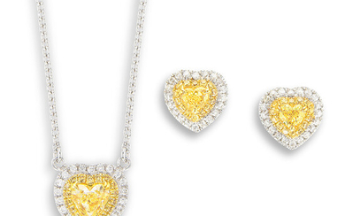 A Set of Coloured Diamond Pendant Necklace and a Pair of Matching Earrings