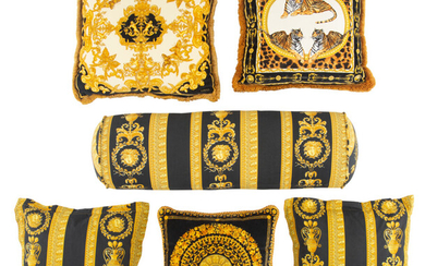 A Set of Six Atelier Versace Mixed Material Black and Gold Pillows (21st century)