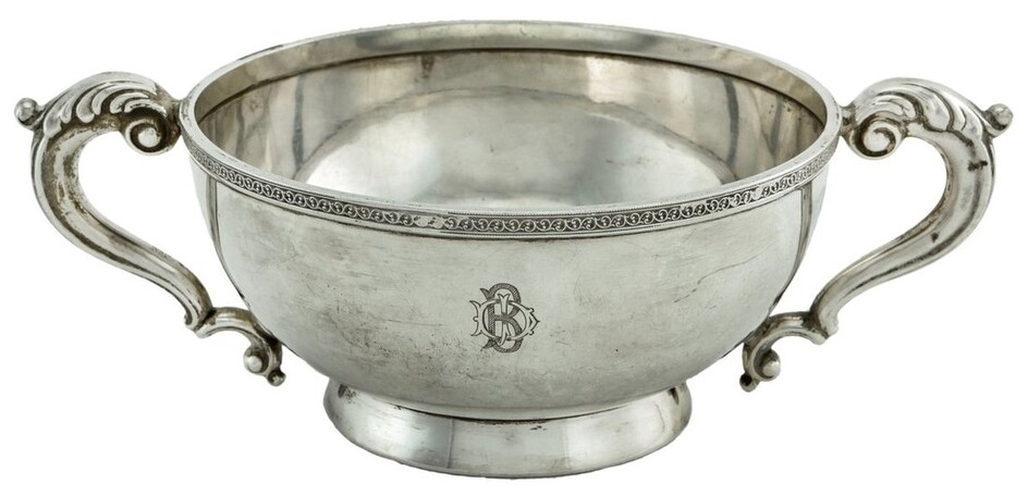 A Silver Porringer by WN Ltd Double handled with decorative Vitruvian scroll banding to the top...
