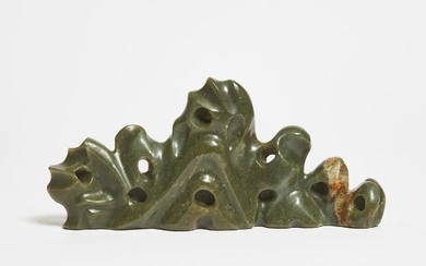 A Spinach Jade Mountain-Form Brush Rest, 20th Century