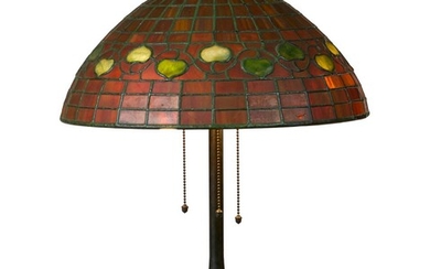 A TIFFANY STUDIOS LEADED GLASS AND BRONZE 'ACORN' TABLE LAMP
