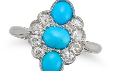A TURQUOISE AND DIAMOND DRESS RING set with three cabochon turquoise in a border of old cut