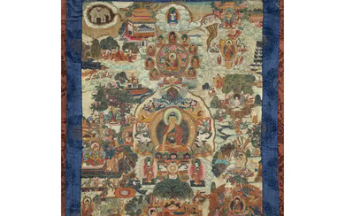 A Tibetan thangka of Shakyamuni Early 20th century Elaborately painted with various...