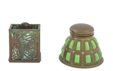 A Tiffany Studios Patinated Bronze and Glass Inkwell
