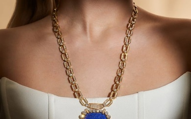 A VINTAGE LAPIS LAZULI AND DIAMOND PENDANT NECKLACE, 1970S comprising a row of openwork links set...