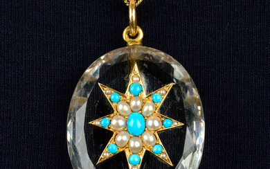 A Victorian 15ct gold rock crystal, turquoise and split pearl star pendant.