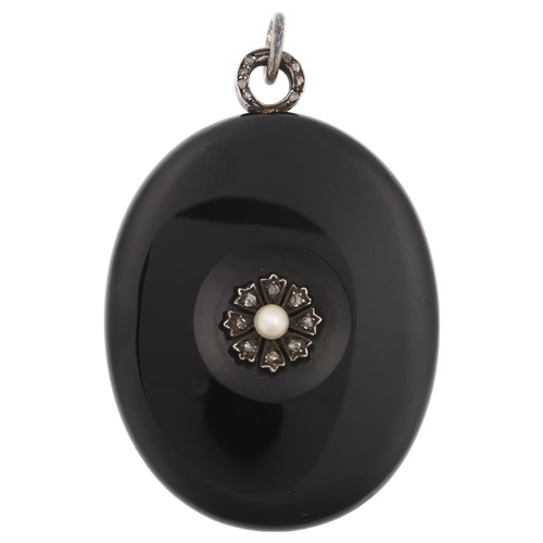 A Victorian black onyx pearl and diamond locket pendant, cir...