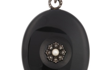 A Victorian black onyx pearl and diamond locket pendant, cir...