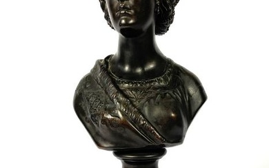 A Victorian style bronzed bust of a lady, late 20th century, set on a reeded column base, 45cm high