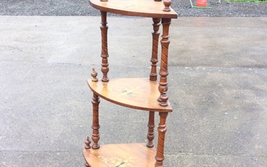 A Victorian walnut four-tier corner whatnot with inlaid scrolled decoration...
