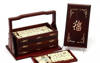 A Vintage Chinese Inlaid Wooden Case with Mahjong Set