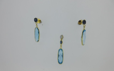 A blue topaz and sapphire earring and pendant suite