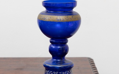 A cobalt blue art glass vase with gilt highlights, Height 20cm