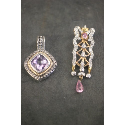 A continental silver and 14k pendant set faceted purple ston...