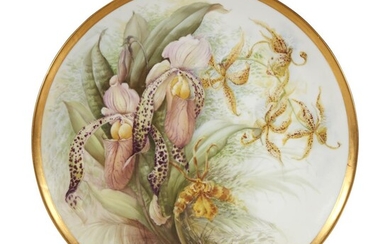 A hand-painted Limoges porcelain "Orchids" charger, signed S. D....